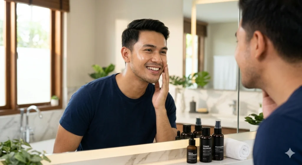 Skincare Pria, Tips Wajah Glowing, Perawatan Wajah Cowok, Cara Mencerahkan Wajah, Niacinamide, Sunscreen Pria.