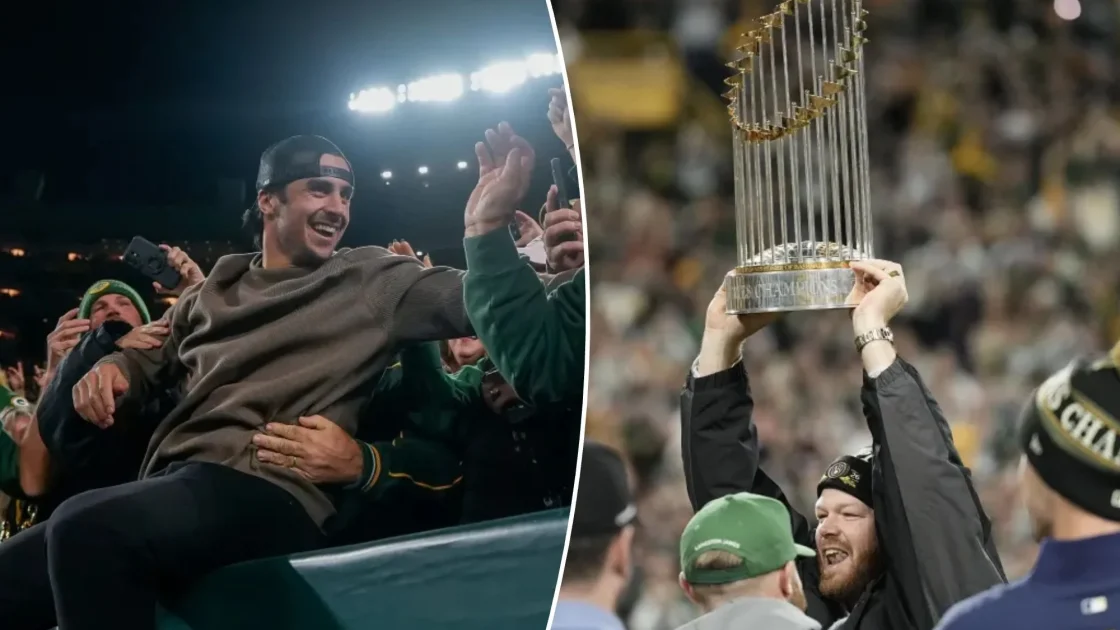 Brewers Bring World Series Trophy to Packers Game