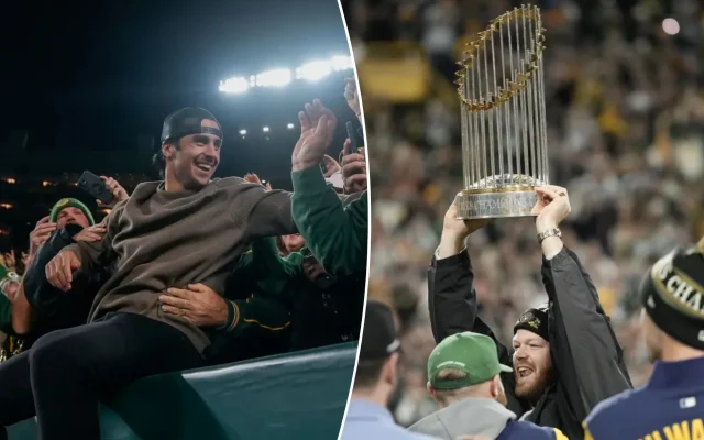 Brewers Bring World Series Trophy to Packers Game